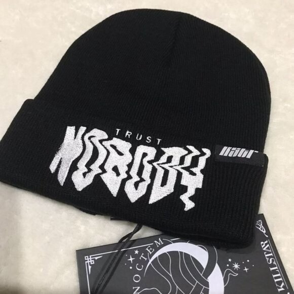 Killstar Trust Nobody Beanie – Black Acrylic Knit, White Embroidery, Unisex Hat - Picture 3 of 4
